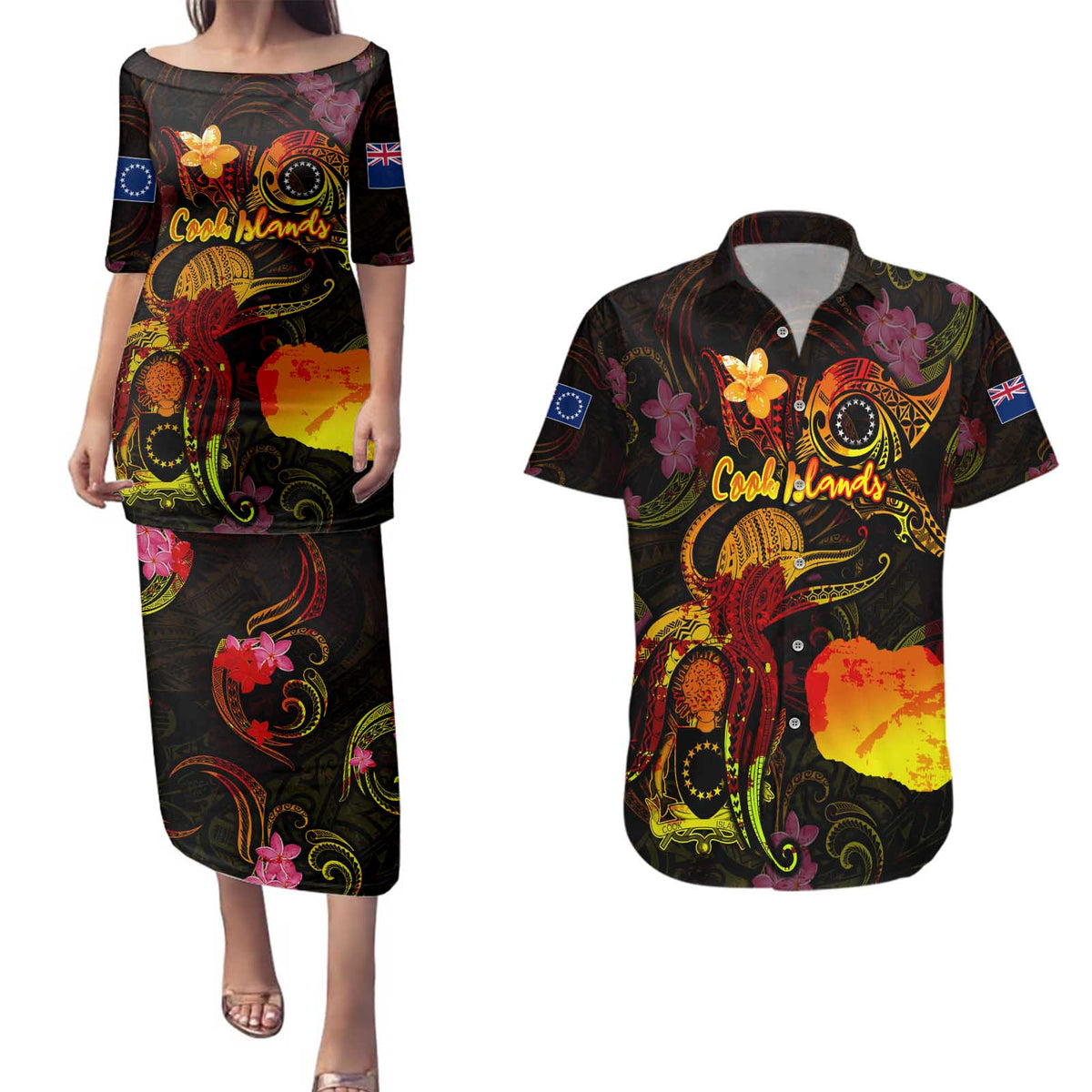 Cook Islands Couples Matching Puletasi and Hawaiian Shirt Octopus Plumeria Polynesian Tattoo