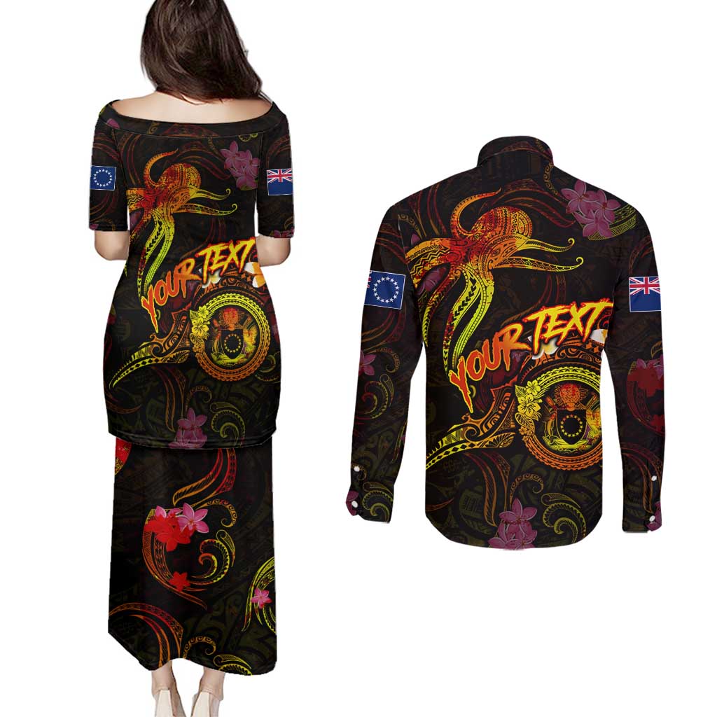Cook Islands Couples Matching Puletasi and Long Sleeve Button Shirt Octopus Plumeria Polynesian Tattoo