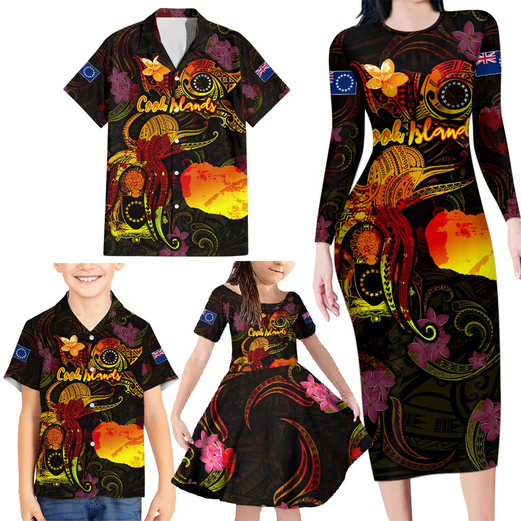 Cook Islands Family Matching Long Sleeve Bodycon Dress and Hawaiian Shirt Octopus Plumeria Polynesian Tattoo DT02 - Polynesian Pride