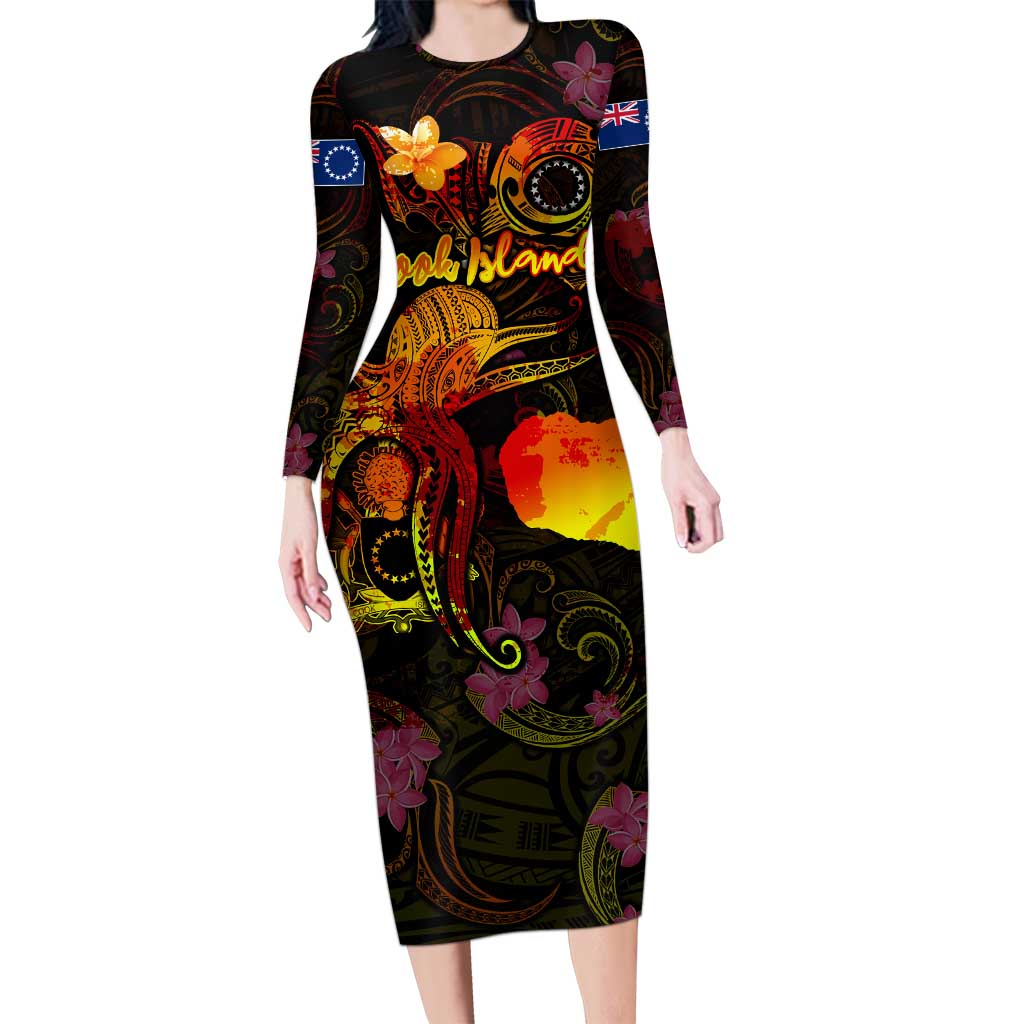 Cook Islands Family Matching Long Sleeve Bodycon Dress and Hawaiian Shirt Octopus Plumeria Polynesian Tattoo DT02 Mom's Dress Black - Polynesian Pride