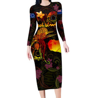 Cook Islands Family Matching Long Sleeve Bodycon Dress and Hawaiian Shirt Octopus Plumeria Polynesian Tattoo DT02 Mom's Dress Black - Polynesian Pride