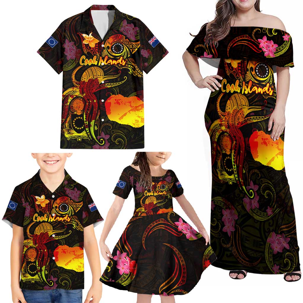 Cook Islands Family Matching Off Shoulder Maxi Dress and Hawaiian Shirt Octopus Plumeria Polynesian Tattoo