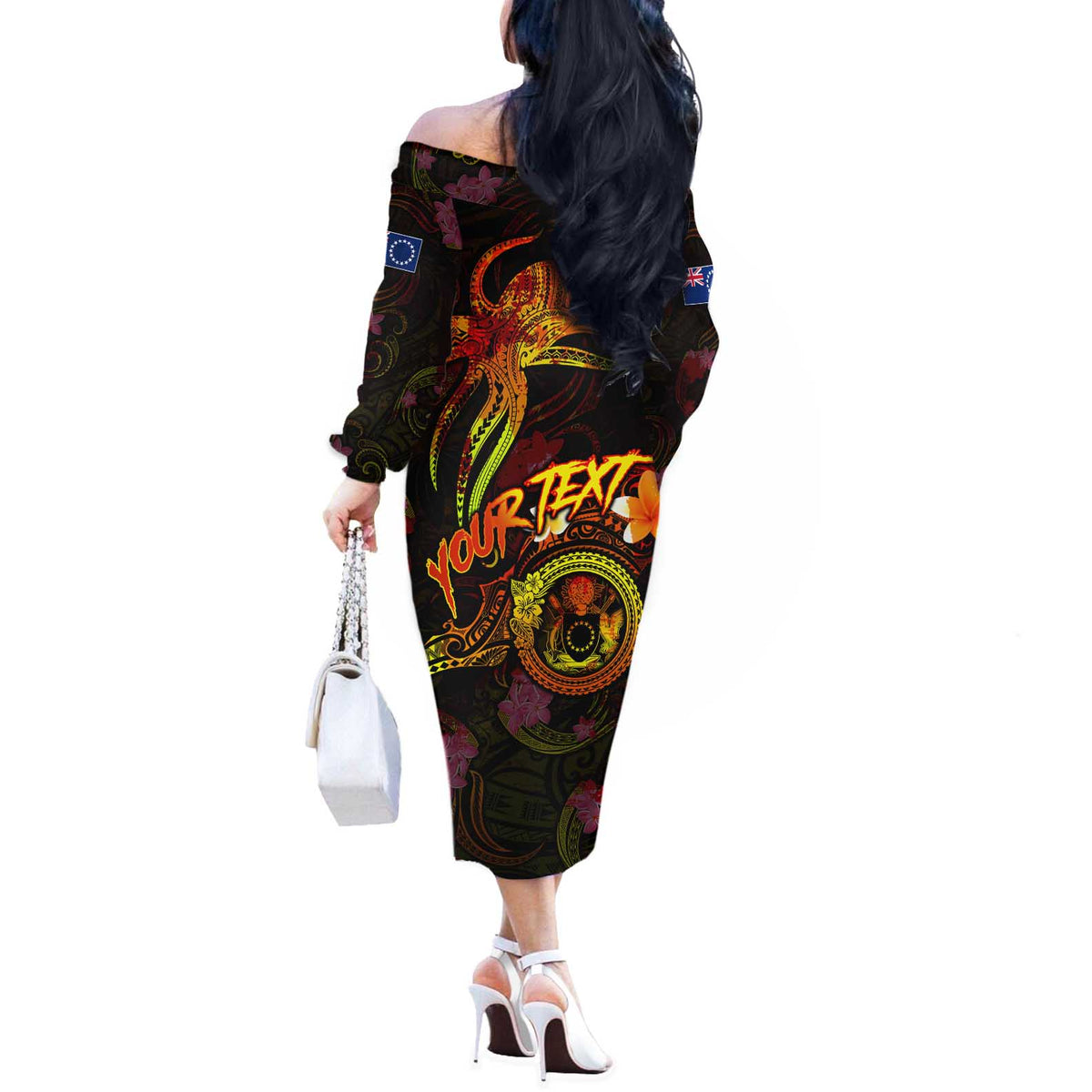 Cook Islands Off The Shoulder Long Sleeve Dress Octopus Plumeria Polynesian Tattoo