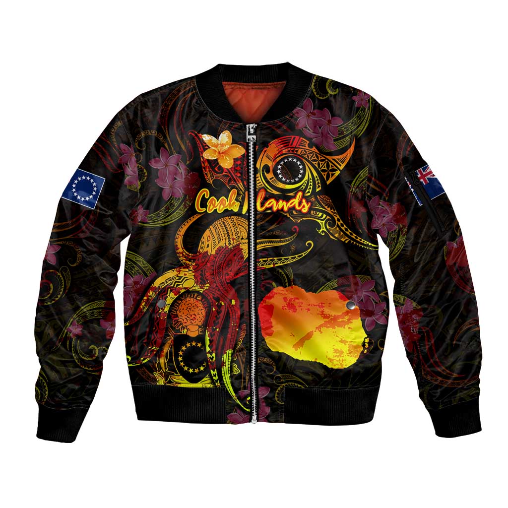 Cook Islands Sleeve Zip Bomber Jacket Octopus Plumeria Polynesian Tattoo DT02 Unisex Black - Polynesian Pride