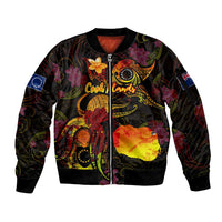Cook Islands Sleeve Zip Bomber Jacket Octopus Plumeria Polynesian Tattoo DT02 Unisex Black - Polynesian Pride