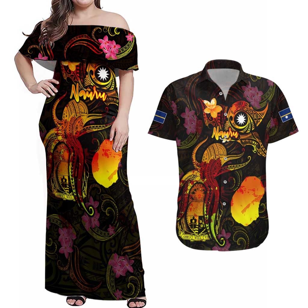Nauru Couples Matching Off Shoulder Maxi Dress and Hawaiian Shirt Octopus Plumeria Polynesian Tattoo