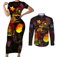 Nauru Couples Matching Short Sleeve Bodycon Dress and Long Sleeve Button Shirt Octopus Plumeria Polynesian Tattoo