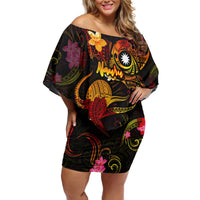 Nauru Off Shoulder Short Dress Octopus Plumeria Polynesian Tattoo