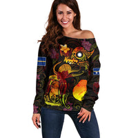 Nauru Off Shoulder Sweater Octopus Plumeria Polynesian Tattoo