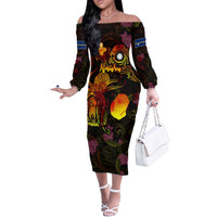 Nauru Off The Shoulder Long Sleeve Dress Octopus Plumeria Polynesian Tattoo