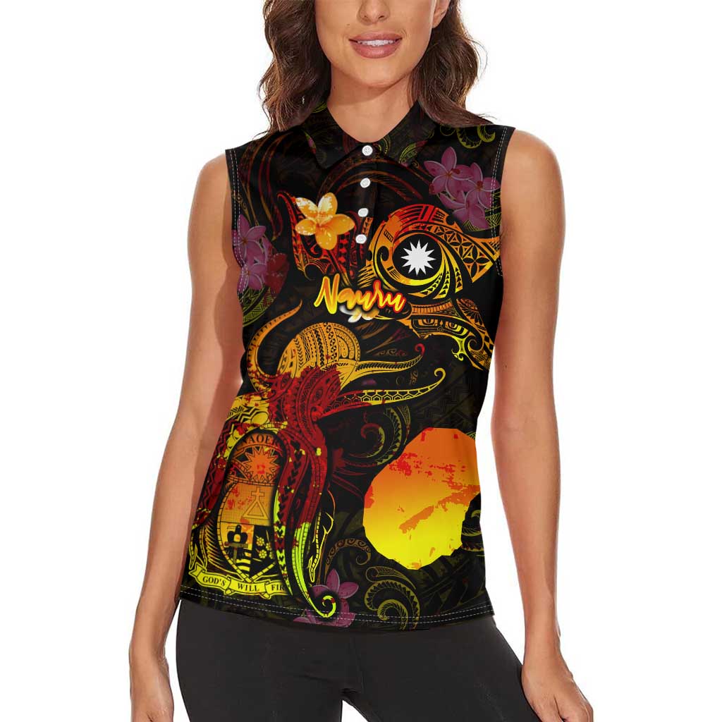 Nauru Women Sleeveless Polo Shirt Octopus Plumeria Polynesian Tattoo