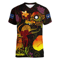 Nauru Women V-Neck T-Shirt Octopus Plumeria Polynesian Tattoo