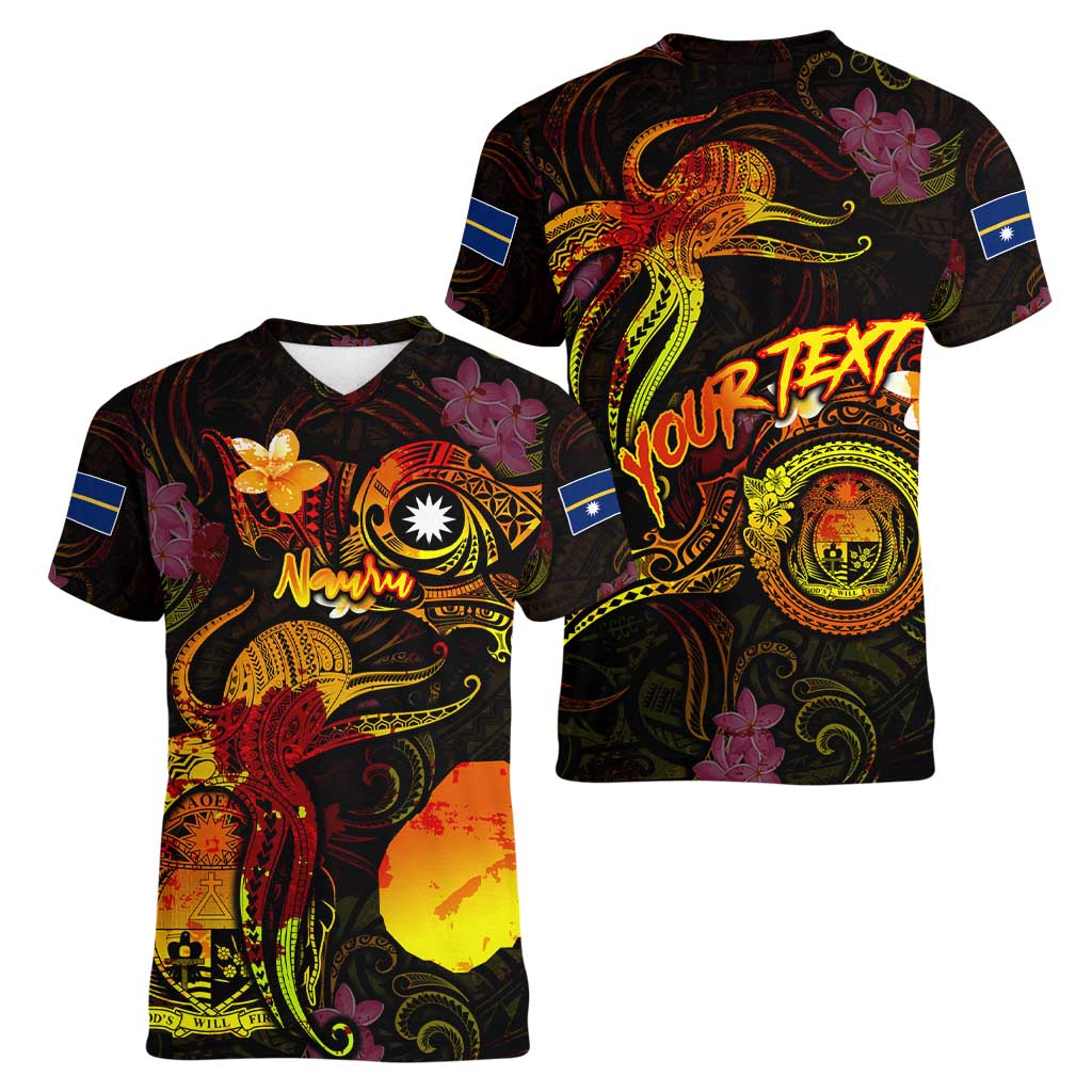 Nauru Women V-Neck T-Shirt Octopus Plumeria Polynesian Tattoo