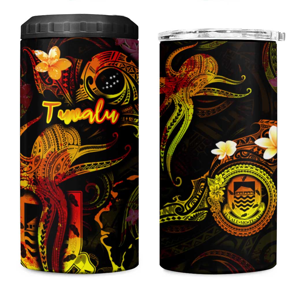 Tuvalu 4 in 1 Can Cooler Tumbler Octopus Plumeria Polynesian Tattoo