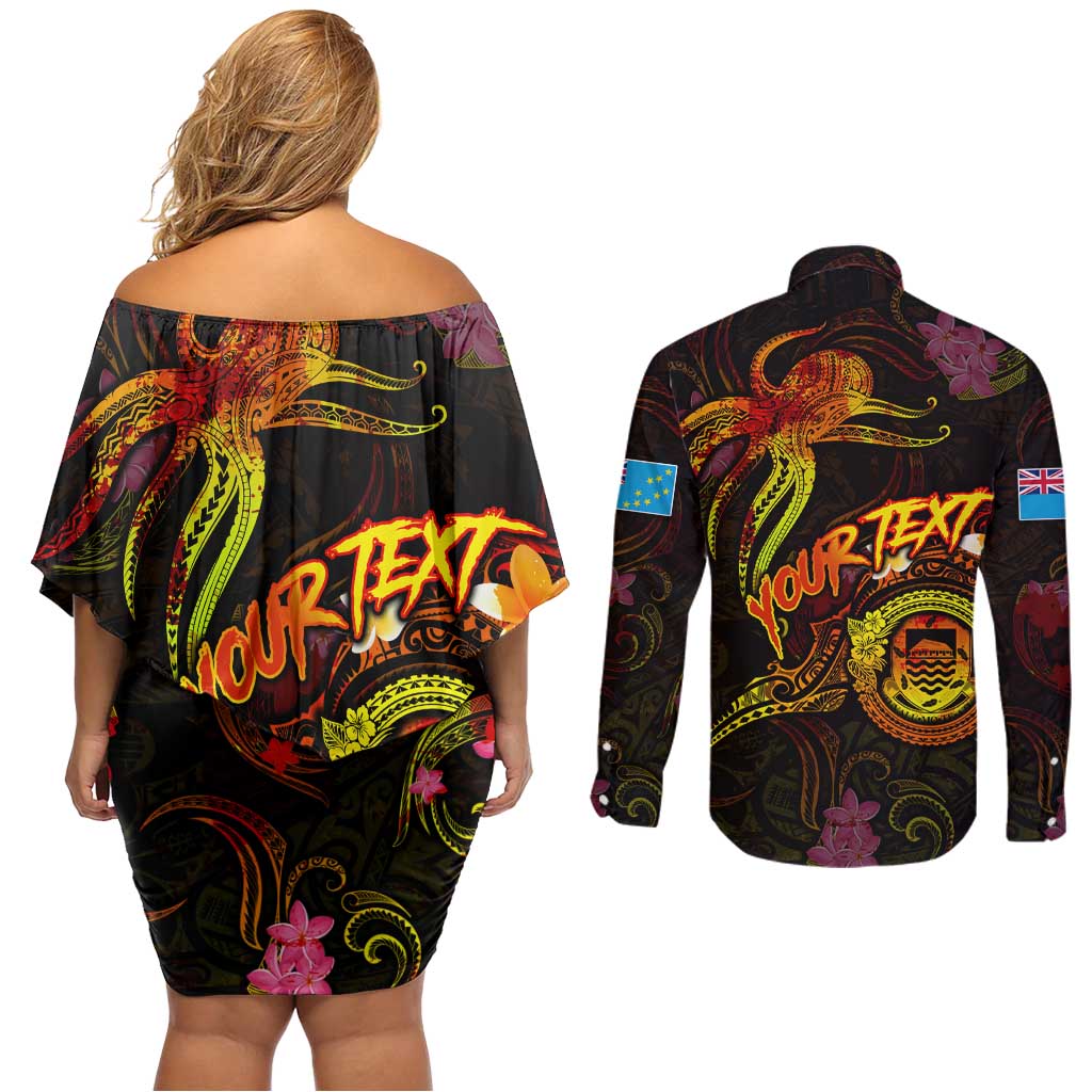 Tuvalu Couples Matching Off Shoulder Short Dress and Long Sleeve Button Shirt Octopus Plumeria Polynesian Tattoo