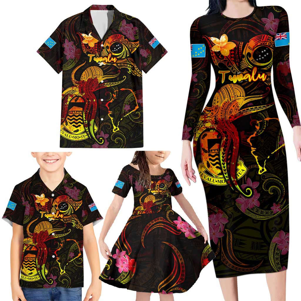 Tuvalu Family Matching Long Sleeve Bodycon Dress and Hawaiian Shirt Octopus Plumeria Polynesian Tattoo