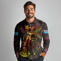 Tuvalu Long Sleeve Polo Shirt Octopus Plumeria Polynesian Tattoo