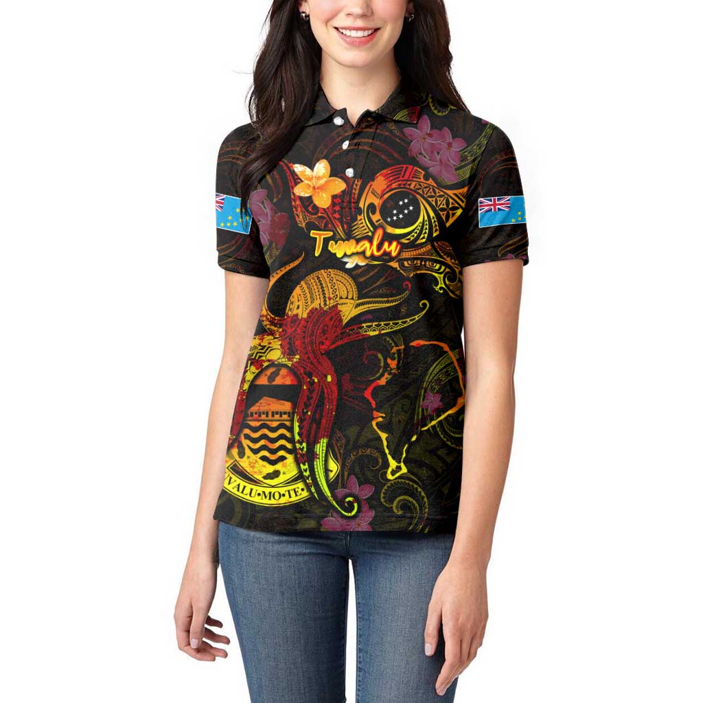 Tuvalu Women Polo Shirt Octopus Plumeria Polynesian Tattoo