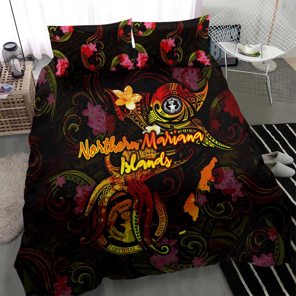 Northern Mariana Islands Bedding Set Octopus Plumeria Polynesian Tattoo