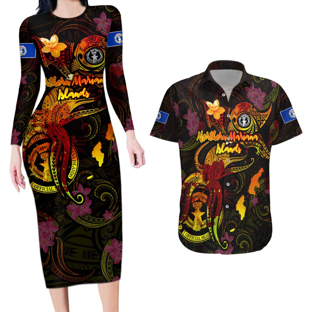Northern Mariana Islands Couples Matching Long Sleeve Bodycon Dress and Hawaiian Shirt Octopus Plumeria Polynesian Tattoo