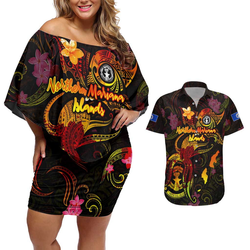 Northern Mariana Islands Couples Matching Off Shoulder Short Dress and Hawaiian Shirt Octopus Plumeria Polynesian Tattoo