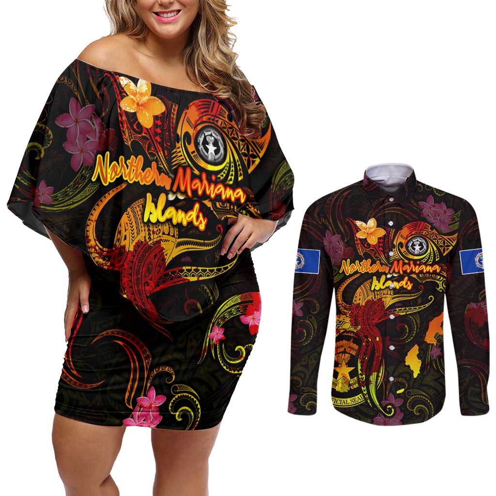 Northern Mariana Islands Couples Matching Off Shoulder Short Dress and Long Sleeve Button Shirt Octopus Plumeria Polynesian Tattoo
