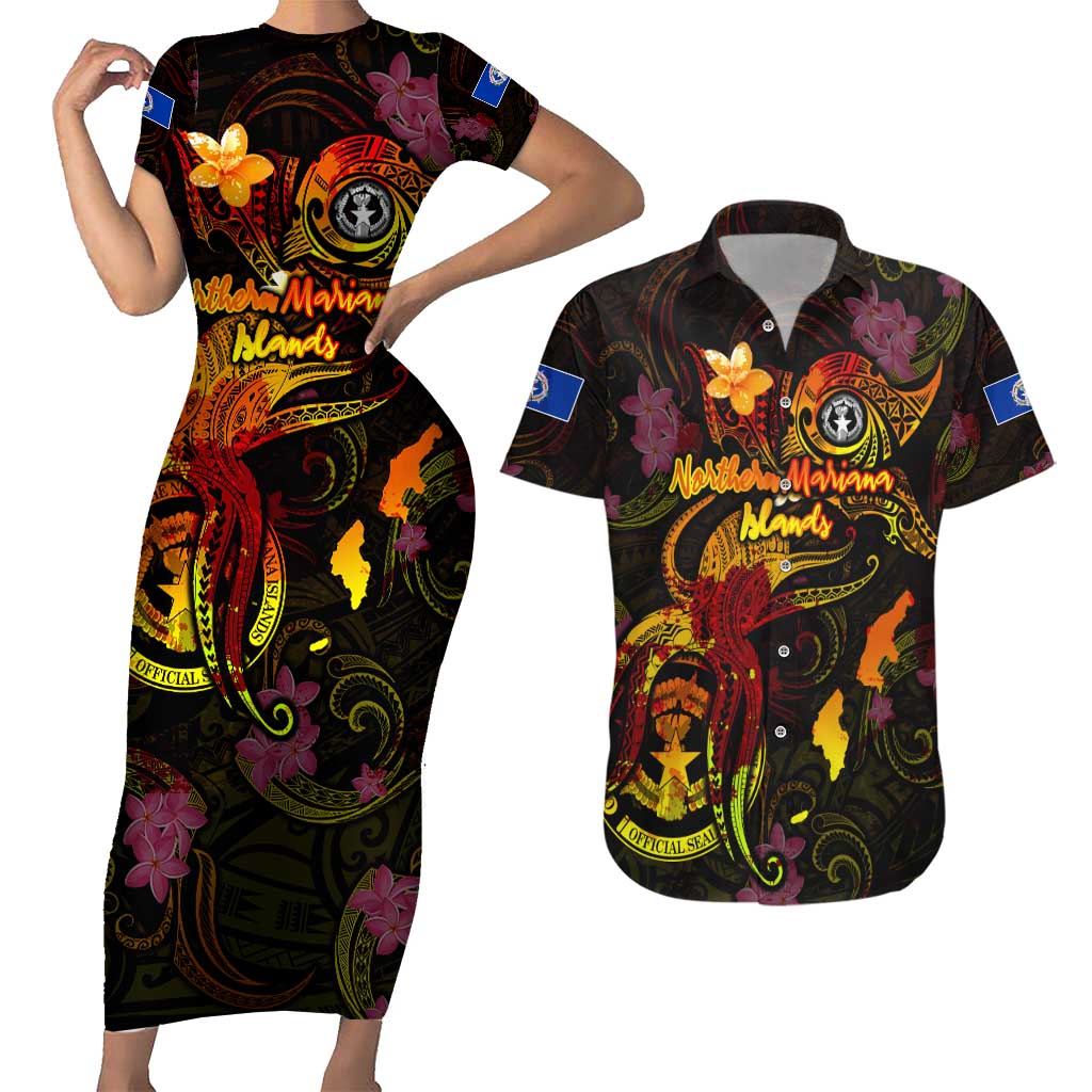 Northern Mariana Islands Couples Matching Short Sleeve Bodycon Dress and Hawaiian Shirt Octopus Plumeria Polynesian Tattoo