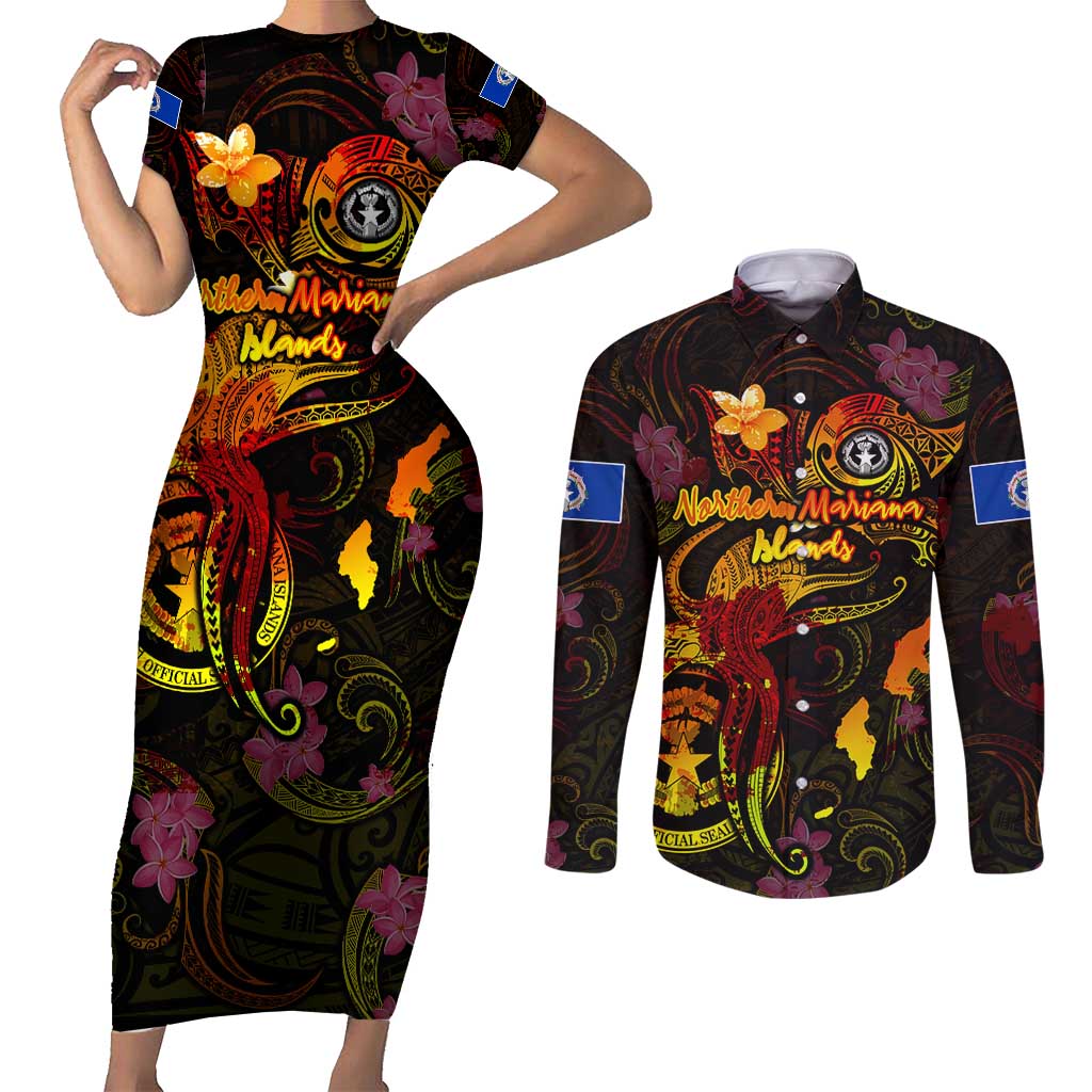 Northern Mariana Islands Couples Matching Short Sleeve Bodycon Dress and Long Sleeve Button Shirt Octopus Plumeria Polynesian Tattoo