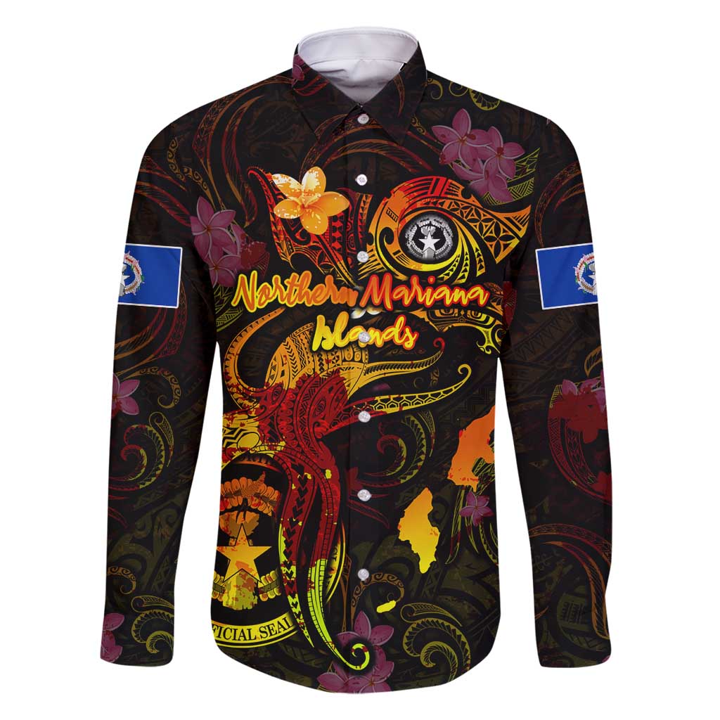 Northern Mariana Islands Family Matching Mermaid Dress and Hawaiian Shirt Octopus Plumeria Polynesian Tattoo DT02 Dad's Shirt - Long Sleeve Black - Polynesian Pride
