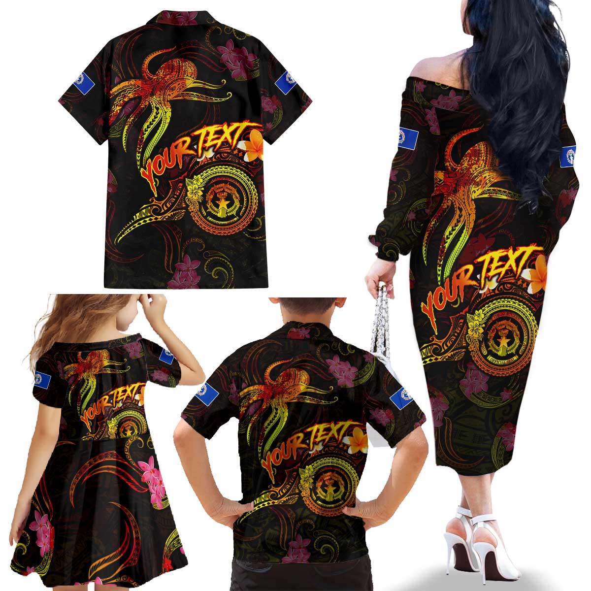 Northern Mariana Islands Family Matching Off The Shoulder Long Sleeve Dress and Hawaiian Shirt Octopus Plumeria Polynesian Tattoo