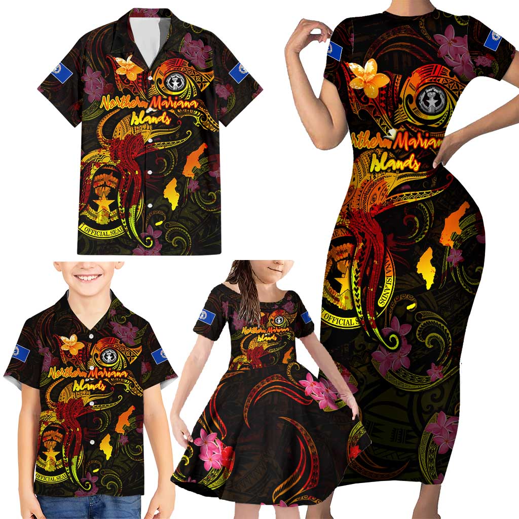 Northern Mariana Islands Family Matching Short Sleeve Bodycon Dress and Hawaiian Shirt Octopus Plumeria Polynesian Tattoo