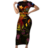 Northern Mariana Islands Family Matching Short Sleeve Bodycon Dress and Hawaiian Shirt Octopus Plumeria Polynesian Tattoo DT02 Mom's Dress Black - Polynesian Pride