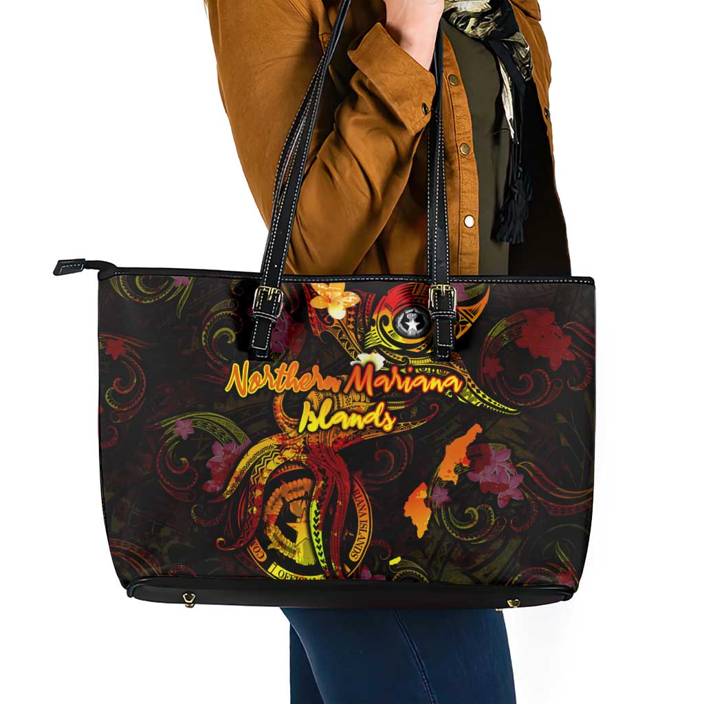 Northern Mariana Islands Leather Tote Bag Octopus Plumeria Polynesian Tattoo DT02 - Polynesian Pride