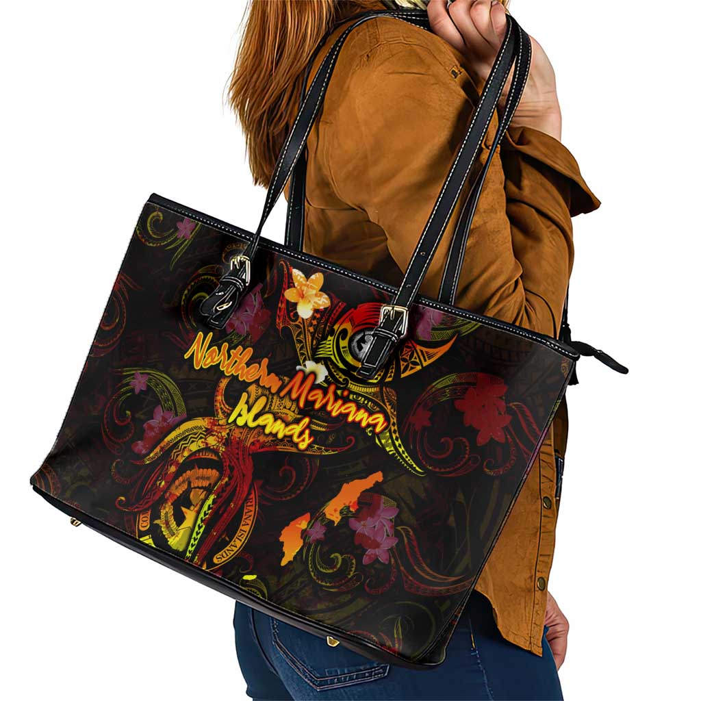 Northern Mariana Islands Leather Tote Bag Octopus Plumeria Polynesian Tattoo DT02 - Polynesian Pride