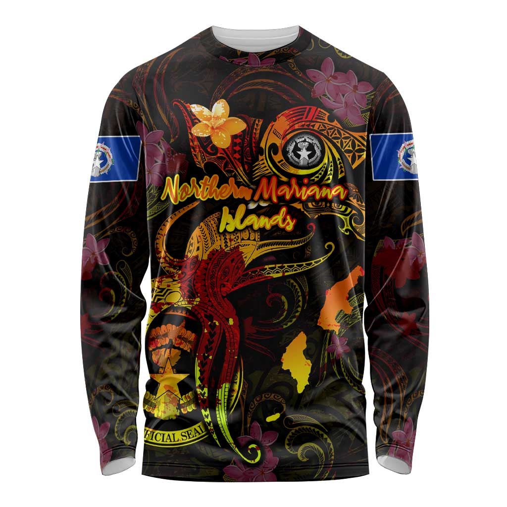 Northern Mariana Islands Long Sleeve Shirt Octopus Plumeria Polynesian Tattoo