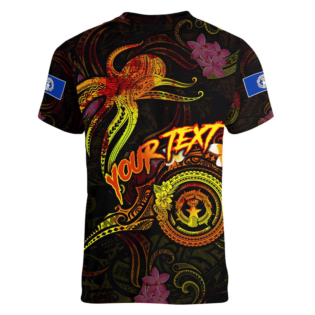 Northern Mariana Islands Women V-Neck T-Shirt Octopus Plumeria Polynesian Tattoo