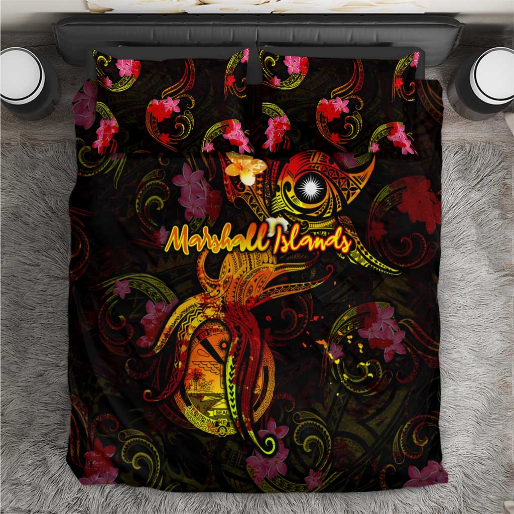 Marshall Islands Bedding Set Octopus Plumeria Polynesian Tattoo