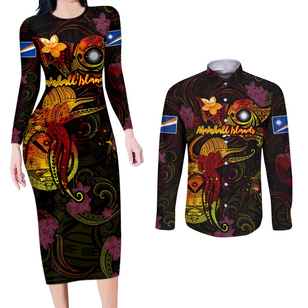 Marshall Islands Couples Matching Long Sleeve Bodycon Dress and Long Sleeve Button Shirt Octopus Plumeria Polynesian Tattoo