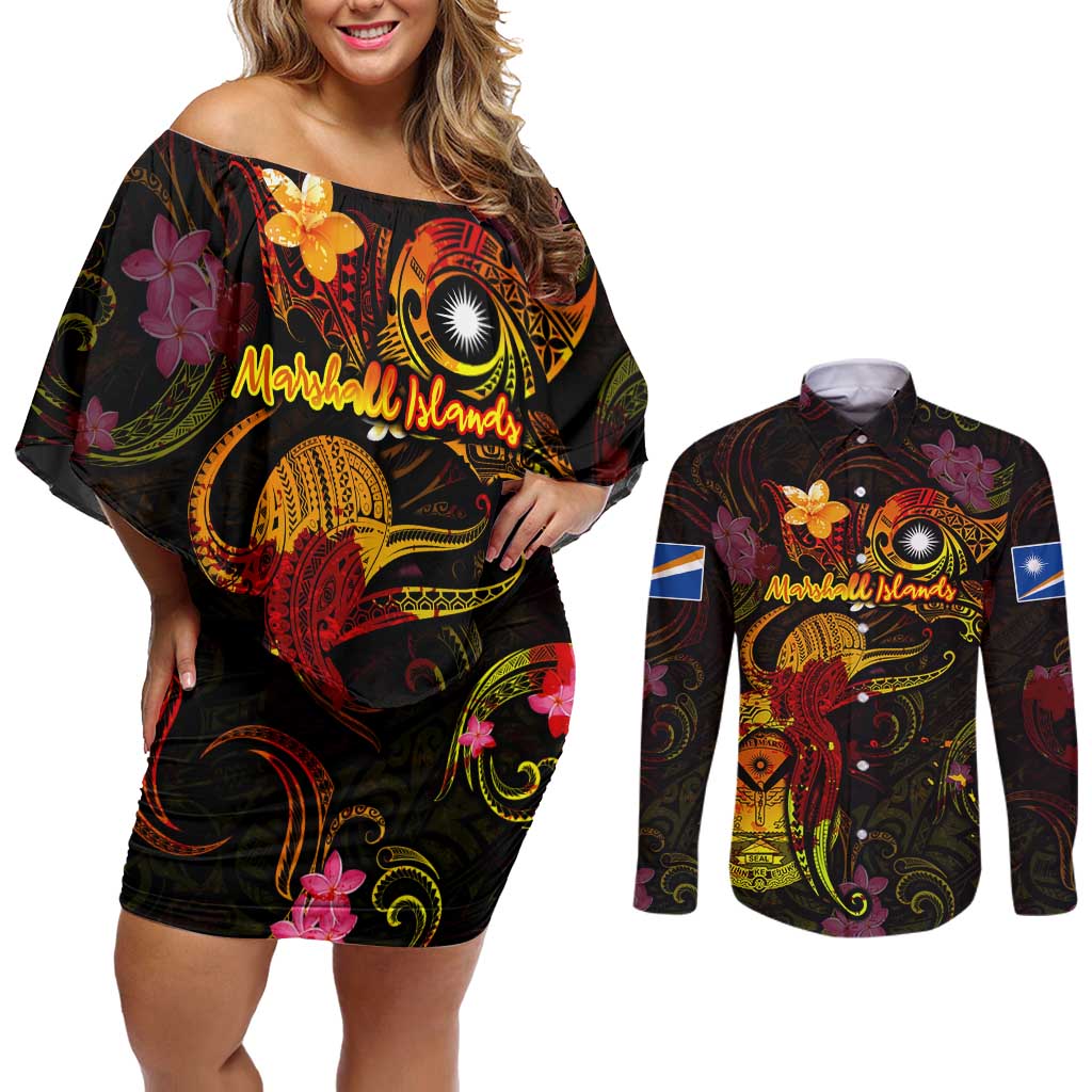 Marshall Islands Couples Matching Off Shoulder Short Dress and Long Sleeve Button Shirt Octopus Plumeria Polynesian Tattoo