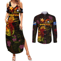 Marshall Islands Couples Matching Summer Maxi Dress and Long Sleeve Button Shirt Octopus Plumeria Polynesian Tattoo