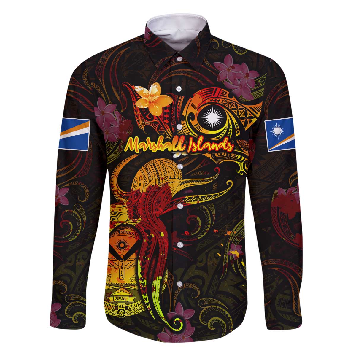 Marshall Islands Family Matching Off The Shoulder Long Sleeve Dress and Hawaiian Shirt Octopus Plumeria Polynesian Tattoo