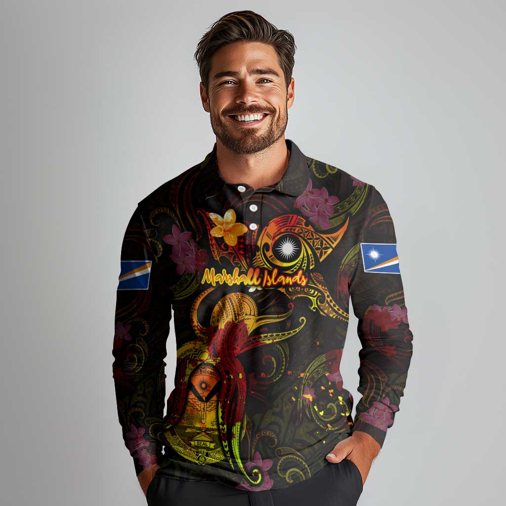 Marshall Islands Long Sleeve Polo Shirt Octopus Plumeria Polynesian Tattoo