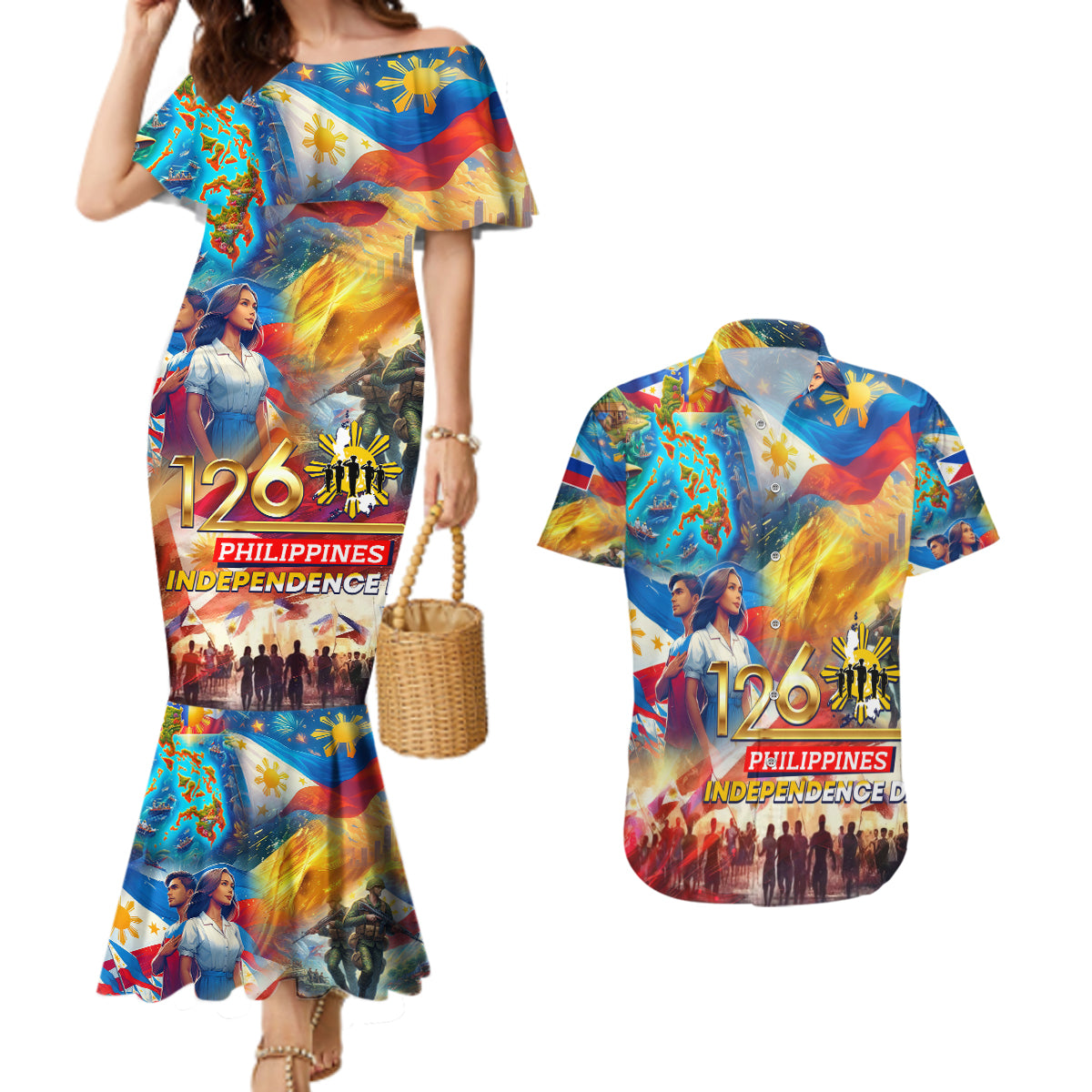 Custom The Philippines 126th Independence Anniversary Couples Matching Mermaid Dress and Hawaiian Shirt Art Style