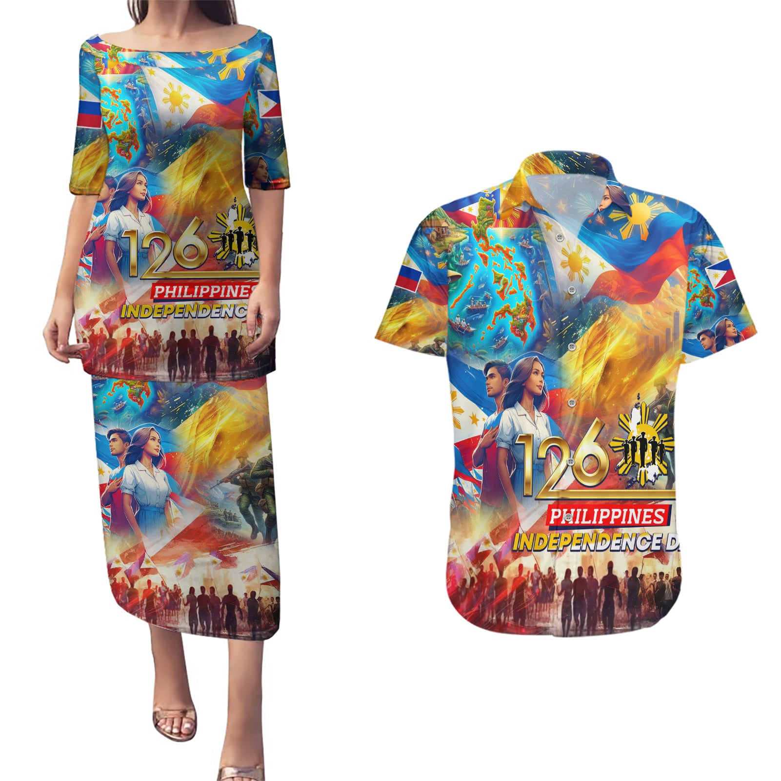 Custom The Philippines 126th Independence Anniversary Couples Matching Puletasi and Hawaiian Shirt Art Style