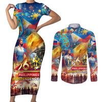 Custom The Philippines 126th Independence Anniversary Couples Matching Short Sleeve Bodycon Dress and Long Sleeve Button Shirt Art Style
