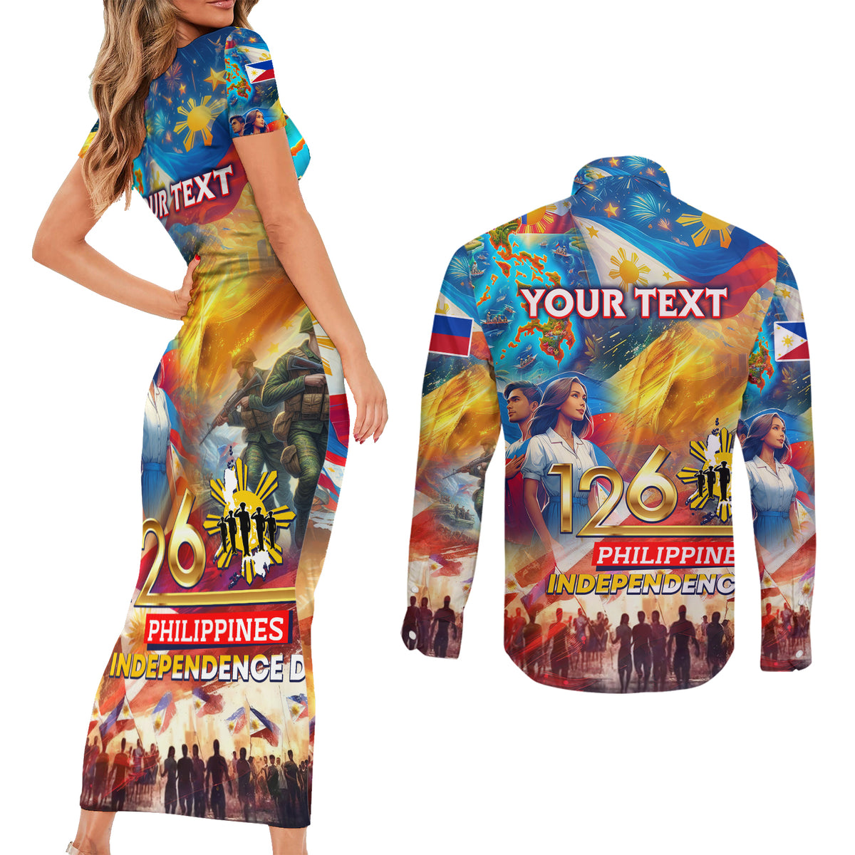 Custom The Philippines 126th Independence Anniversary Couples Matching Short Sleeve Bodycon Dress and Long Sleeve Button Shirt Art Style