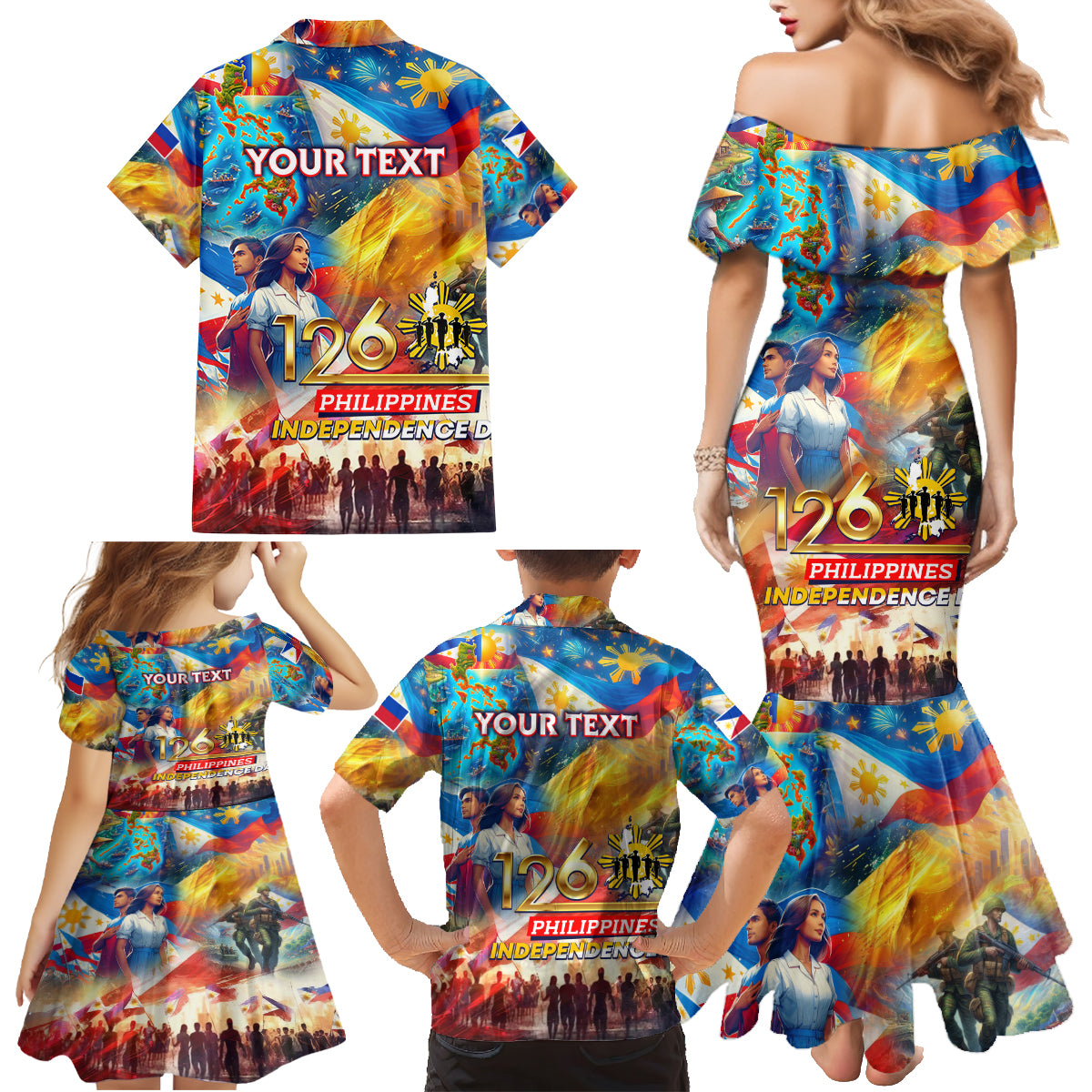 Custom The Philippines 126th Independence Anniversary Family Matching Mermaid Dress and Hawaiian Shirt Art Style
