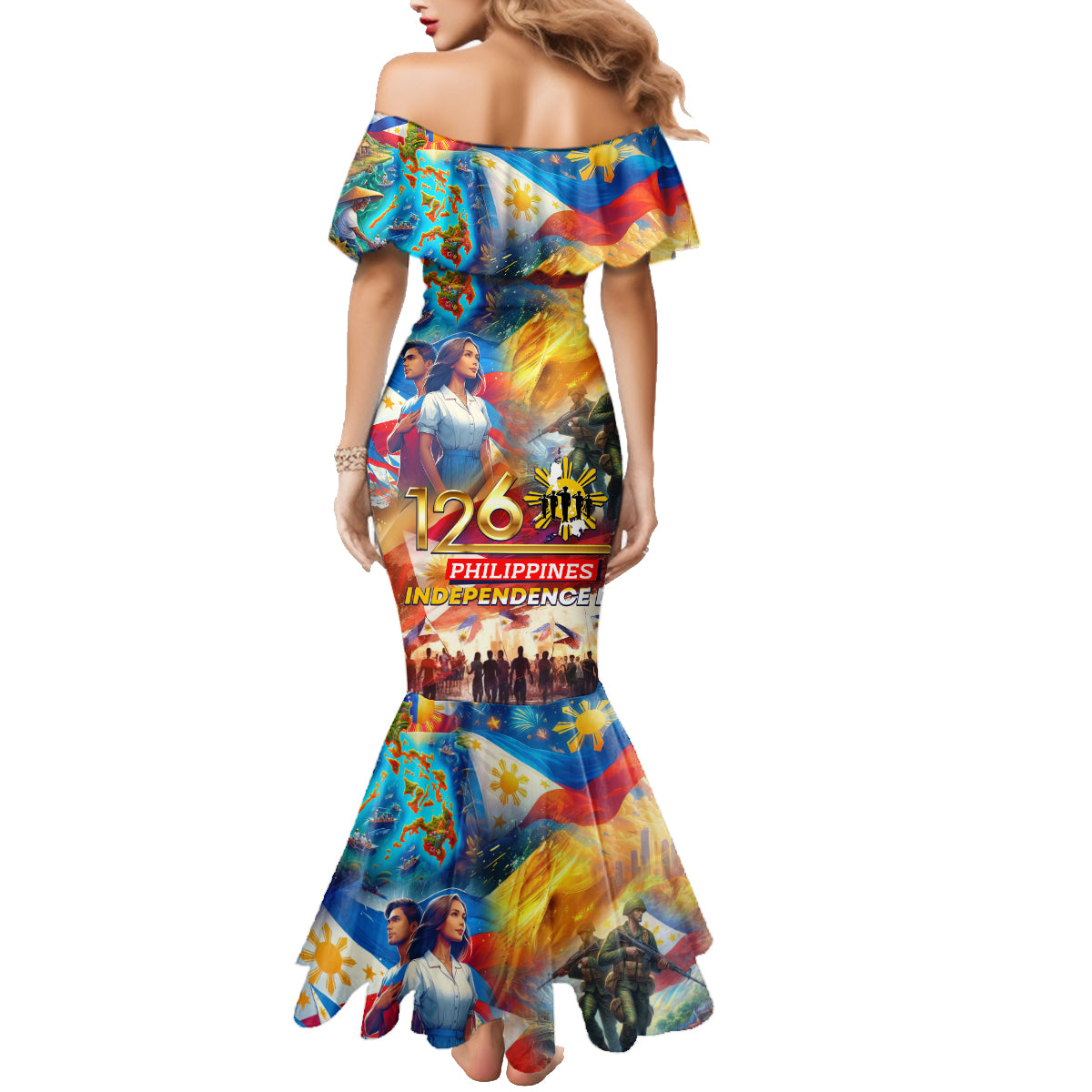 Custom The Philippines 126th Independence Anniversary Family Matching Mermaid Dress and Hawaiian Shirt Art Style