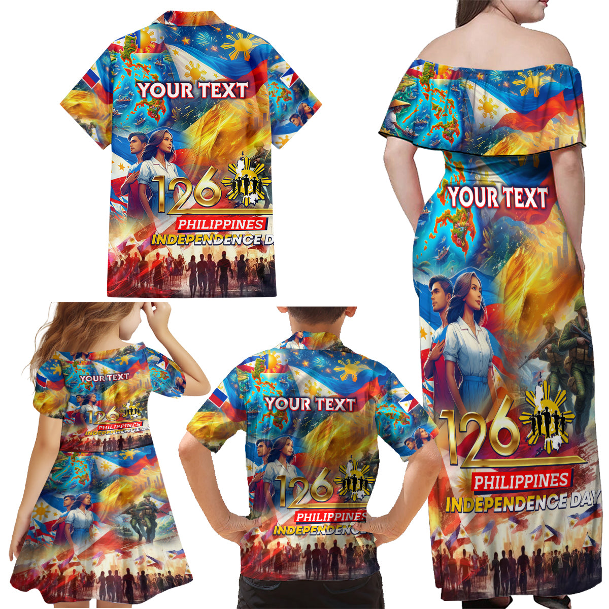 Custom The Philippines 126th Independence Anniversary Family Matching Off Shoulder Maxi Dress and Hawaiian Shirt Art Style