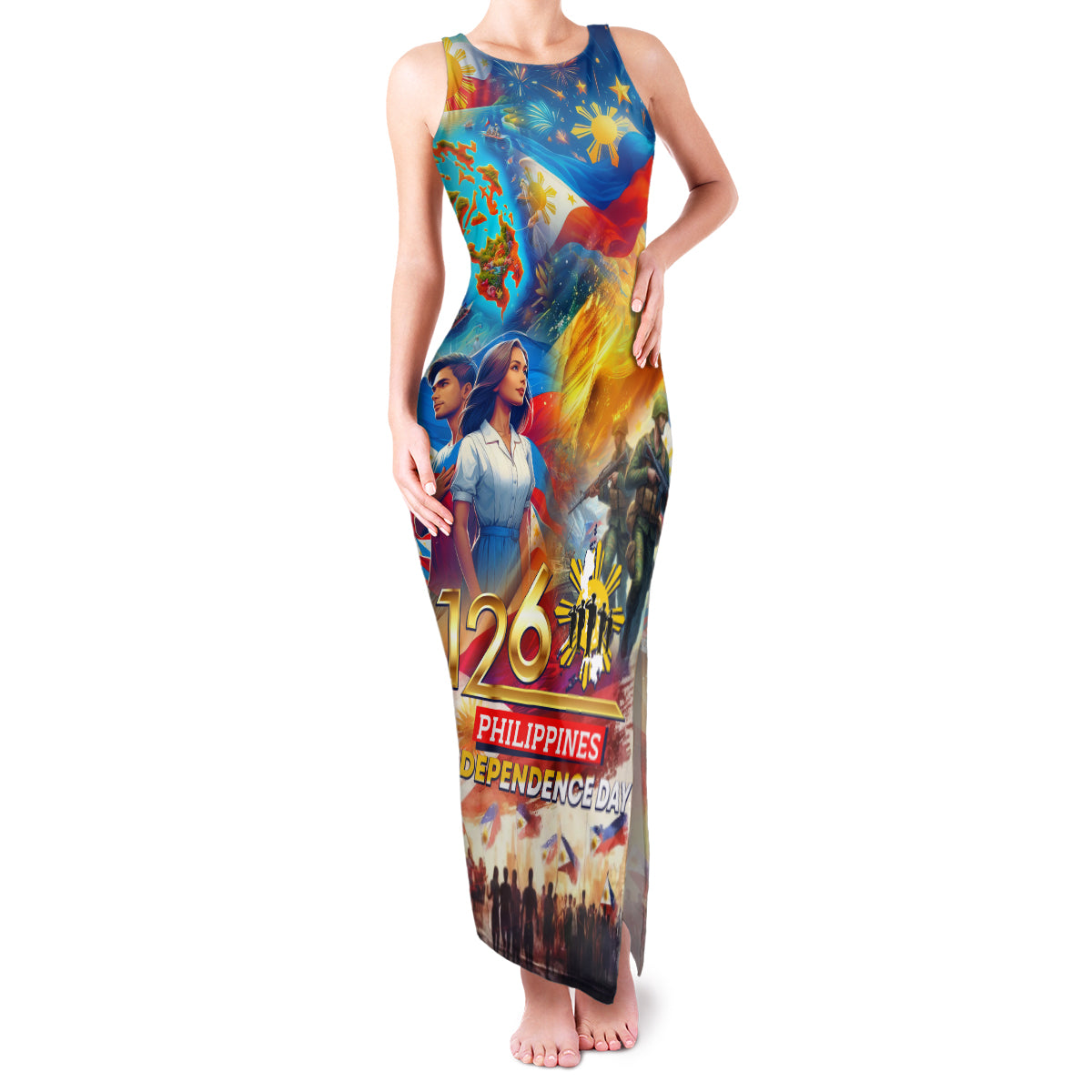 Custom The Philippines 126th Independence Anniversary Family Matching Tank Maxi Dress and Hawaiian Shirt Art Style